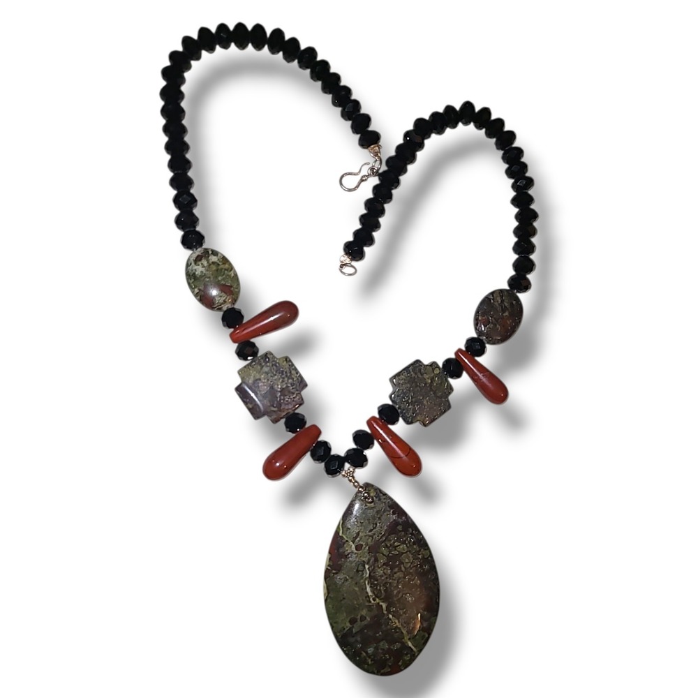 Stone Pendant Necklace‎ Red Green Jasper Bead Black Crystal 925 Clasp 18in